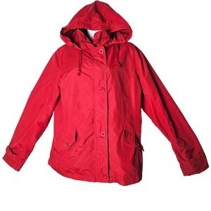 Lands End Red Hooded Anorak Jacket Women Medium Lightweight Button Zip Gorpcore